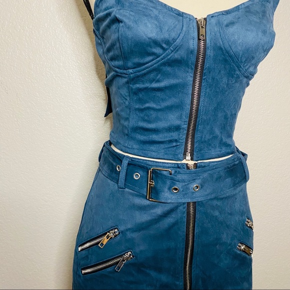 NEW Teal Suede 2 Piece Skirt and Crop Top Set - Picture 3 of 7
